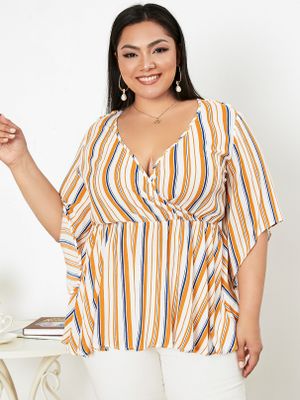YOINS Plus Size Deep V Neck Striped Crossed Front Design Blouse