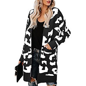 Women's Cardigan Sweater Knitted Front Pocket Color Block Leopard Stylish Casual Long Sleeve Sweater Cardigans Open Front Fall Winter Yellow Army Green Khaki miniinthebox