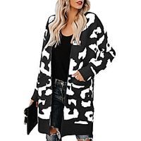 Women's Cardigan Sweater Knitted Front Pocket Color Block Leopard Stylish Casual Long Sleeve Sweater Cardigans Open Front Fall Winter Yellow Army Green Khaki miniinthebox - thumbnail