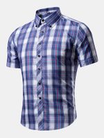 Casual Business Plaids Band Collar Printing Slim Short Sleeve Dress Shirts for Men