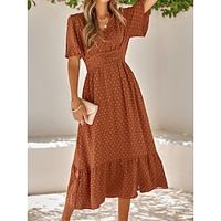 Women's Casual Dress Swing Dress A Line Dress Midi Dress Ruffle Trim Date Vacation Streetwear Casual V Neck Half Sleeve Brown Green Apricot Color Lightinthebox