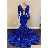 Mermaid  Trumpet Evening Gown Sparkle  Shine Dress Formal Court Train Long Sleeve V Neck African American Sequined with Beading Sequin 2023 Lightinthebox