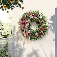 Spring Wreath Summer Door Wreath Artificial Floral Wreath Spring and Summer Decorations Home Farmhouse Decor with Pink Flowers and Green Foliage for Party Wedding Decor miniinthebox