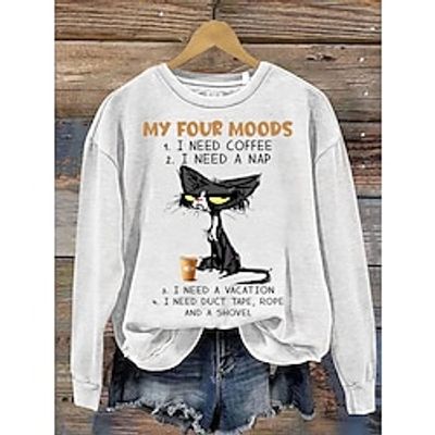 Women's Pullover Graphic Cat Letter Fashion Streetwear Classic Print White Party Street Round Neck Long Sleeve Only tops Micro-elastic Fall  Winter Lightinthebox