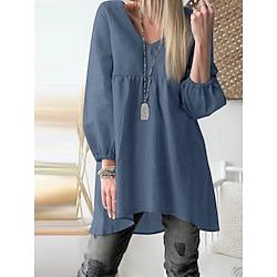 Shirt Blouse Women's Black Blue Khaki Plain Long Street Daily Fashion V Neck Linen Regular Fit S Lightinthebox