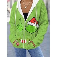 Women's Christmas Grinch Hoodie Jacket Fall Zip up Sport Coat Drawstring Jacket Casual  Daily Fashion Loose Fit Outerwear Long Sleeve Fall Dark Green S Lightinthebox
