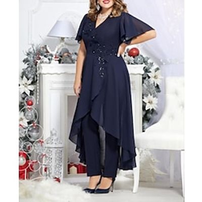 Jumpsuit  Pantsuit Mother of the Bride Dress Formal Wedding Guest Party Elegant V Neck Ankle Length Chiffon Short Sleeve with Sequin Appliques 2023 Lightinthebox