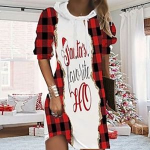 Women's Christmas Hoodie Dress Shift Dress Mini Dress Gold Wine Light Red Long Sleeve Plaid Print Fall Spring Autumn Hooded Fashion Christmas Daily Loose Fit 2022 S M L XL XXL 3XL Lightinthebox