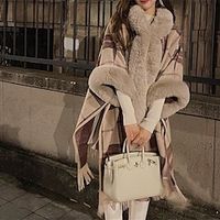 retro plaid thickened warm knitted cape jacket women's autumn and winter 2022 new style hooded coat jacket miniinthebox - thumbnail