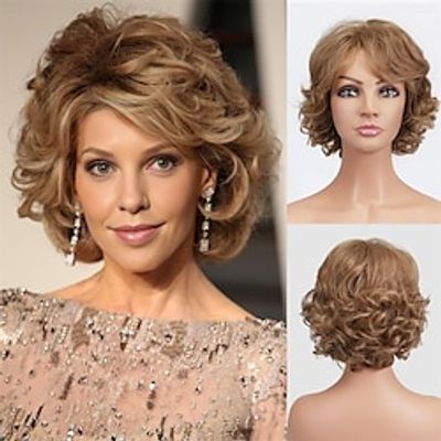 Short Curly Light Brown Wigs for Old Lady Layered Curly Wig with Bangs Wavy Brown Wig with Dark Roots Natural Synthetic Hair for Daily Party Cosplay Custume miniinthebox