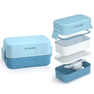 Eazy Kids Double Decker Tic - Tac - Toe Lunch Box With Bento Compartment Splitter Sauce Box And Spoon - Blue 1200ml EZ_ROLB_BU