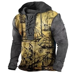 Men's Pullover Hoodie Sweatshirt Pullover Khaki Hooded Graphic Prints Boat Lace up Print Casual Daily Sports 3D Print Basic Streetwear Designer Clothing Apparel Hoodies Sweatshirts  Long Sleeve miniinthebox