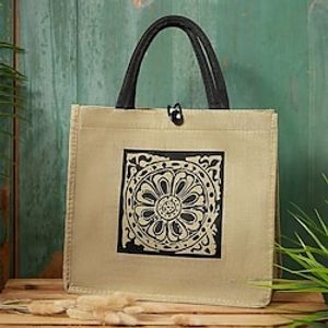 Women Vintage Geometric Pattern Linen Shoulder Tote Bags Portable Travel Large Capacity Top-handle Bag Reusable Jute Pouch Lightinthebox