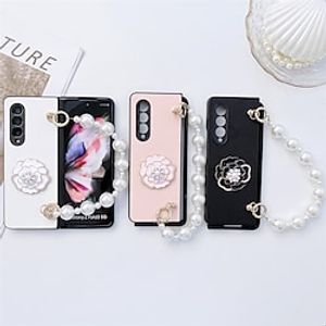 Phone Case For Samsung Galaxy Flip Z Fold 4 Z Fold 3 Portable Flip with Wrist Strap Solid Colored Flower PC Metal PU Leather miniinthebox