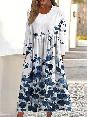 Women's Retro Floral Print Pleated Wide Round Neck Long Sleeve Long Dress Women's Retro Floral Print Pleated Wide Round Neck Long Sleeve Long Dress