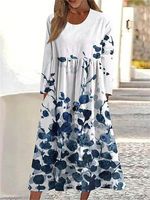 Women's Retro Floral Print Pleated Wide Round Neck Long Sleeve Long Dress