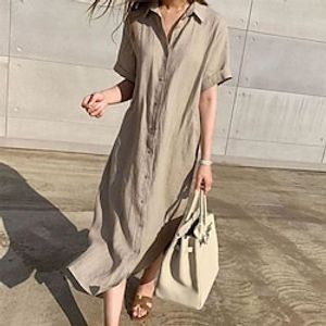 Women's Shirt Dress Casual Dress Shift Dress Maxi long Dress Daily Vacation Going out Linen Casual Mature Shirt Collar Lace up Button Short Sleeve Summer Spring Fall 2023 Regular Fit Black White Khaki miniinthebox