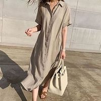 Women's Shirt Dress Casual Dress Shift Dress Maxi long Dress Daily Vacation Going out Linen Casual Mature Shirt Collar Lace up Button Short Sleeve Summer Spring Fall 2023 Regular Fit Black White Khaki miniinthebox - thumbnail