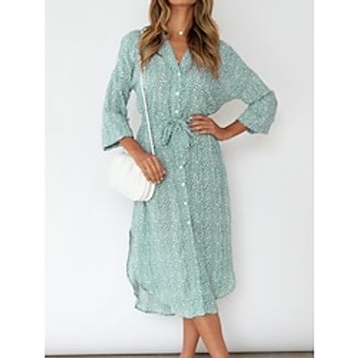 Women's Shirt Dress Casual Dress Leopard Ditsy Floral Print Lace up V Neck Midi Dress Elegant Street Date 34 Length Sleeve Loose Fit Green Fall Winter S M L XL Lightinthebox