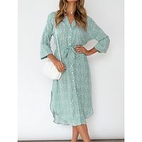 Women's Shirt Dress Casual Dress Leopard Ditsy Floral Print Lace up V Neck Midi Dress Elegant Street Date 34 Length Sleeve Loose Fit Green Fall Winter S M L XL Lightinthebox - thumbnail