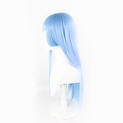 conjure back anime character wig miwa kasumi cos wig special blue long straight hair oblique bangs miniinthebox