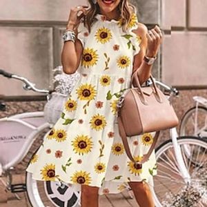 Daisy Sunflower Sleeveless Printed Skirt for Women Summer Leisure Round Neck Retro Mini Dress Mini Short Dress Lightinthebox