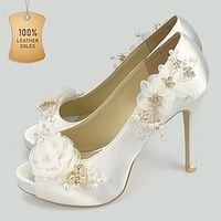 Women's Heels Wedding Shoes Dress Shoes Wedding Party Wedding Heels Flower Stiletto Peep Toe Elegant Satin Loafer White Lightinthebox - thumbnail
