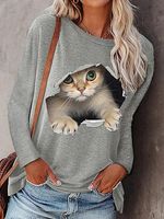 Fashion Round Neck Pullover Cat Long-sleeved T-shirt