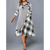 Women's Plus Size Curve Casual Dress Winter Dress A Line Dress Plaid Midi Dress Long Sleeve Button Pocket Shirt Collar Fashion Outdoor Black White Fall Winter L XL XXL 3XL Lightinthebox - thumbnail