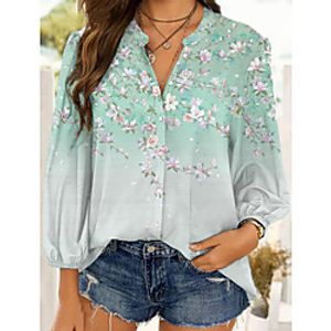 Women's Floral Theme Blouse Shirt Floral Graphic Long Sleeve Button Print Standing Collar Basic Casual Tops Blue Blushing Pink Green Lightinthebox