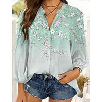 Women's Floral Theme Blouse Shirt Floral Graphic Long Sleeve Button Print Standing Collar Basic Casual Tops Blue Blushing Pink Green Lightinthebox - thumbnail