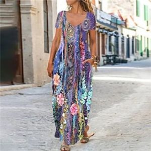 Women's Shift Dress Maxi long Dress Purple Short Sleeve Floral Pocket Print Spring Summer V Neck Elegant Casual Vacation 2022 S M L XL XXL 3XL Lightinthebox
