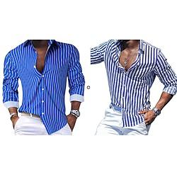 Men's Matching Sets Blue Shirt Button Up Shirt Casual Shirt Sets Long Sleeve Lapel Vacation Going out Striped Polyester Spring Summer Lightinthebox