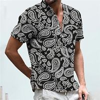 Men's Shirt Print Cashew nuts V Neck Street Casual Button-Down Print Short Sleeve Tops Casual Fashion Designer Breathable Black Lightinthebox - thumbnail