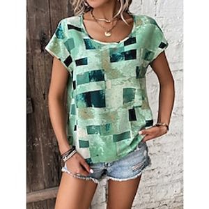 Women's T shirt Tee Red Blue Green Geometric Print Short Sleeve Daily Weekend Basic Round Neck Regular Geometric Painting S miniinthebox