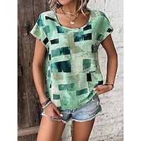Women's T shirt Tee Red Blue Green Geometric Print Short Sleeve Daily Weekend Basic Round Neck Regular Geometric Painting S miniinthebox - thumbnail