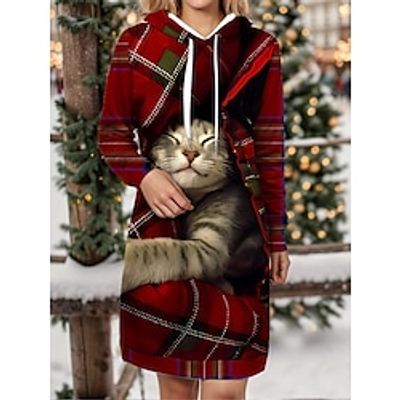 Women's Christmas Dress Hoodie Dress Mini Dress Warm Fashion Outdoor Christmas Holiday Hoodie Print Animal Geometric Loose Fit Wine Navy Blue Blue S M L XL XXL Lightinthebox