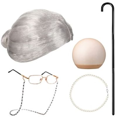 6 Pieces Grandma Accessories Old Lady Costume for Kids Granny Wig Walking Cane Dress up for Women Girls Cosplay Party miniinthebox