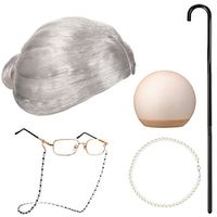 6 Pieces Grandma Accessories Old Lady Costume for Kids Granny Wig Walking Cane Dress up for Women Girls Cosplay Party miniinthebox - thumbnail