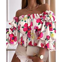 Women's Shirt Blouse Floral Graphic Vacation Going out Ruffle Print Puff Sleeve White Long Sleeve Casual Off Shoulder Spring Summer Lightinthebox