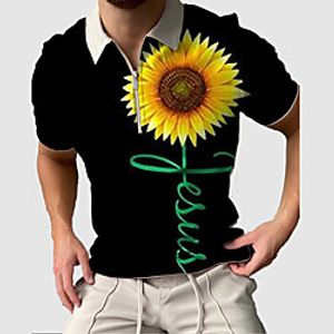 Men's Golf Shirt Sunflower Zipper Print Short Sleeve Street Tops Sportswear Casual Fashion Comfortable Black Lightinthebox