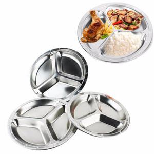 3 Sections 10 Inch Stainless Steel Round Divided Dinner Camping Plate Divided Dish Tableware