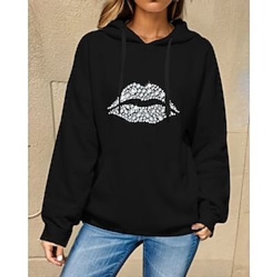 Women's Hoodie Sweatshirt Pullover Active Sports Drawstring Front Pocket Rhinestone Black Pink Red Graphic Sparkly Street Casual Hoodie Long Sleeve Top Micro-elastic Fall  Winter Lightinthebox