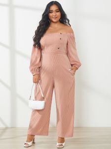 YOINS Plus Size Off The Shoulder Striped Button Design Long Sleeves Jumpsuit