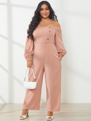 YOINS Plus Size Off The Shoulder Striped Button Design Long Sleeves Jumpsuit