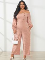 YOINS Plus Size Off The Shoulder Striped Button Design Long Sleeves Jumpsuit - thumbnail