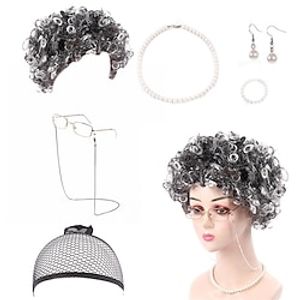 Women100 Days of School Old Lady Wig 5pcs Set - Granny Glasses Pearl Necklace Earrings Grandmother Glass Chain Lightinthebox