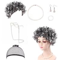 Women100 Days of School Old Lady Wig 5pcs Set - Granny Glasses Pearl Necklace Earrings Grandmother Glass Chain Lightinthebox - thumbnail