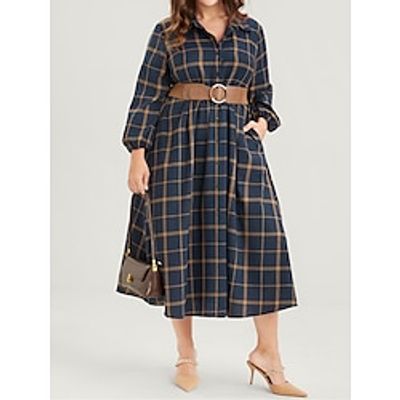 Women's Plus Size Curve Shirt Dress Casual Dress Swing Dress Plaid Midi Dress Long Sleeve Button Pocket Shirt Collar Fashion Outdoor Dark Blue Fall Winter L XL 2XL 3XL 4XL Lightinthebox