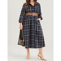 Women's Plus Size Curve Shirt Dress Casual Dress Swing Dress Plaid Midi Dress Long Sleeve Button Pocket Shirt Collar Fashion Outdoor Dark Blue Fall Winter L XL 2XL 3XL 4XL Lightinthebox - thumbnail